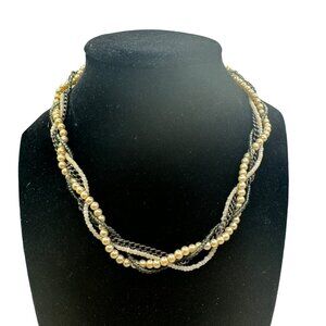 Twisted Multistrand Faux Pearl & Glass Bead Necklace With Metal Chain & Clasp